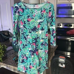 Lilly Pulitzer Marlowe T-shirt Dress Size XS Blue Green Floral 3/4 Sleeves